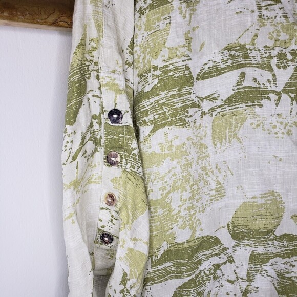 Click by Color Me Cotton Green Tan Linen Lagenlook 3/4 Sleeve Top S - Picture 3 of 6